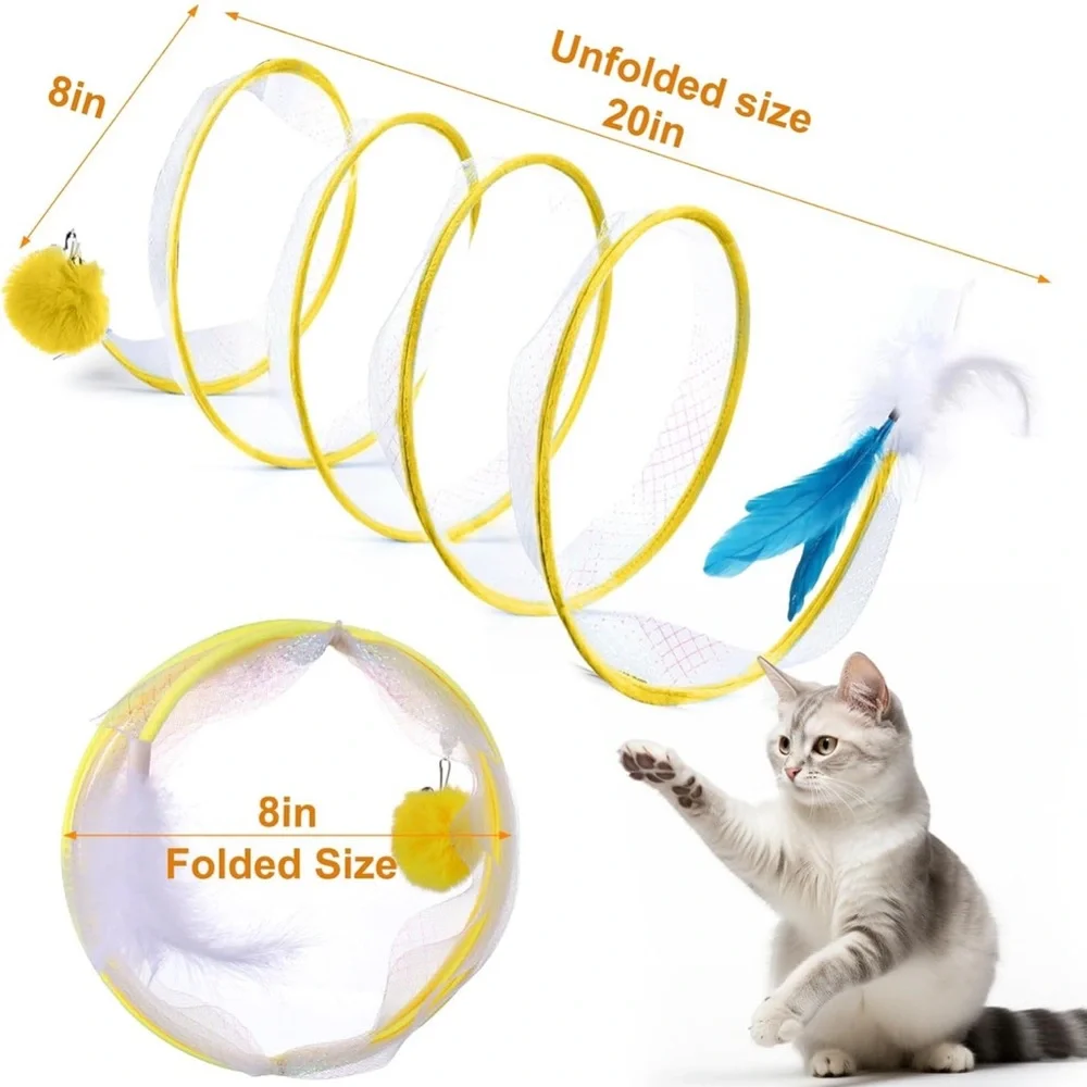✨BNWT - Foldable Interactive Cat Tunnel with Bell/Feather/PomPom Balls - Yellow✨